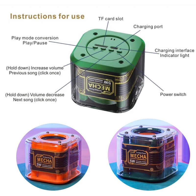 Mini Transparent Bluetooth Speaker Mecha Style HiFi Sound Wireless TWS Music Box